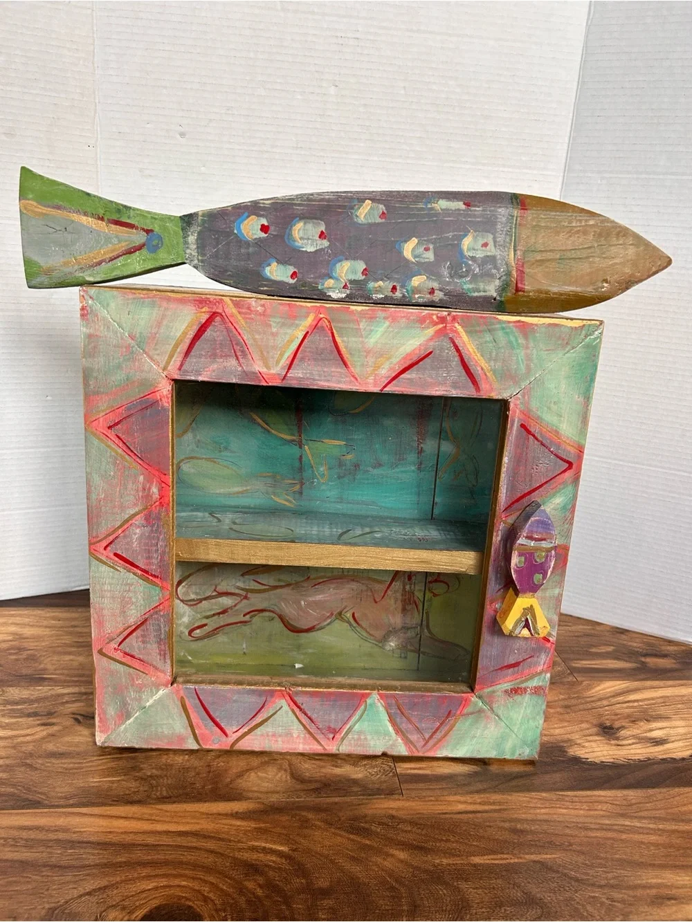 Hand Painted Folk Art Wall Cabinet Coastal Fish Motif Beach Rustic Wooden Shadow